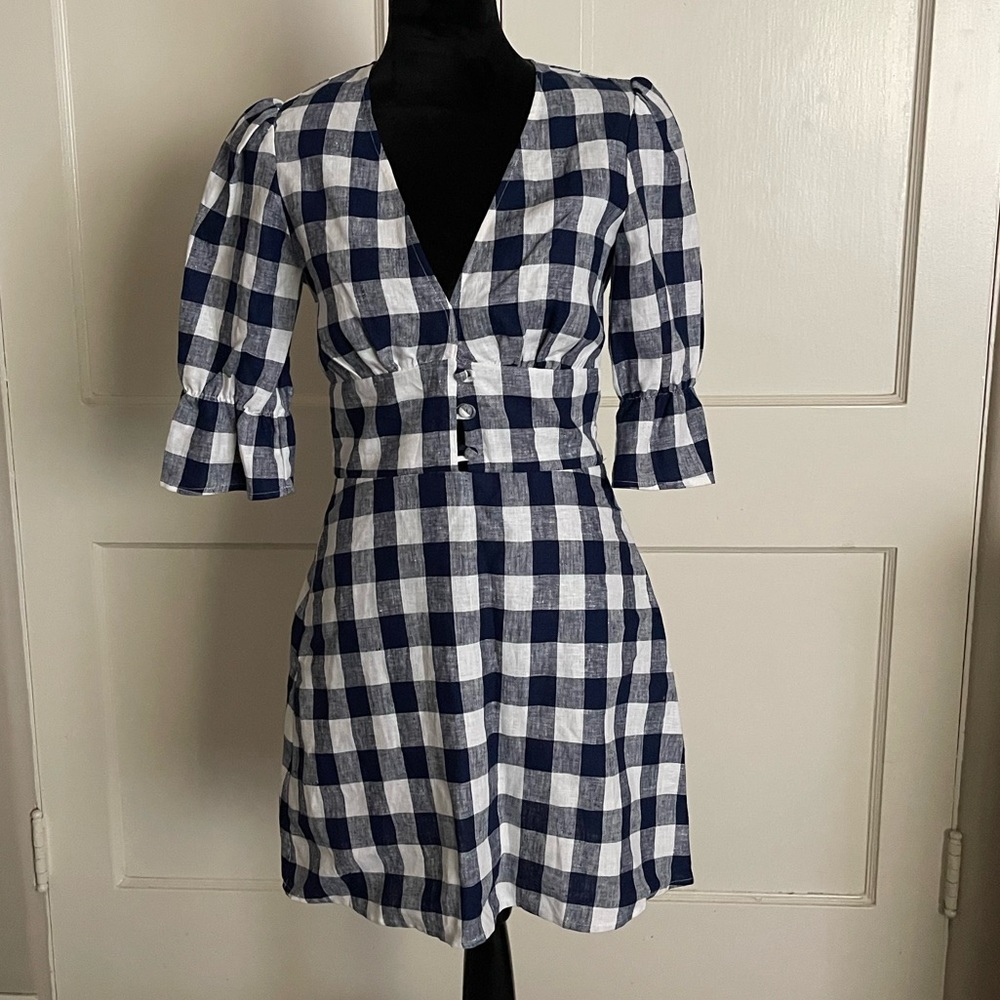 Reformation Navy & White Check Linen Dress - Simi